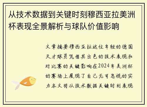 从技术数据到关键时刻穆西亚拉美洲杯表现全景解析与球队价值影响